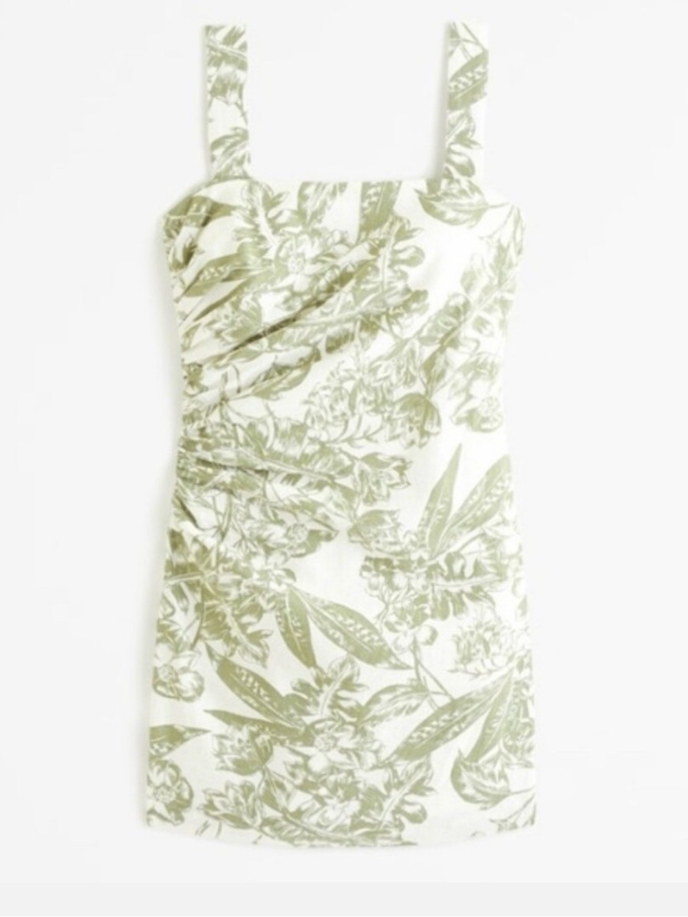 Abercrombie Floral Green and Cream Ruched Linen-Blend Mini Dress - Tall